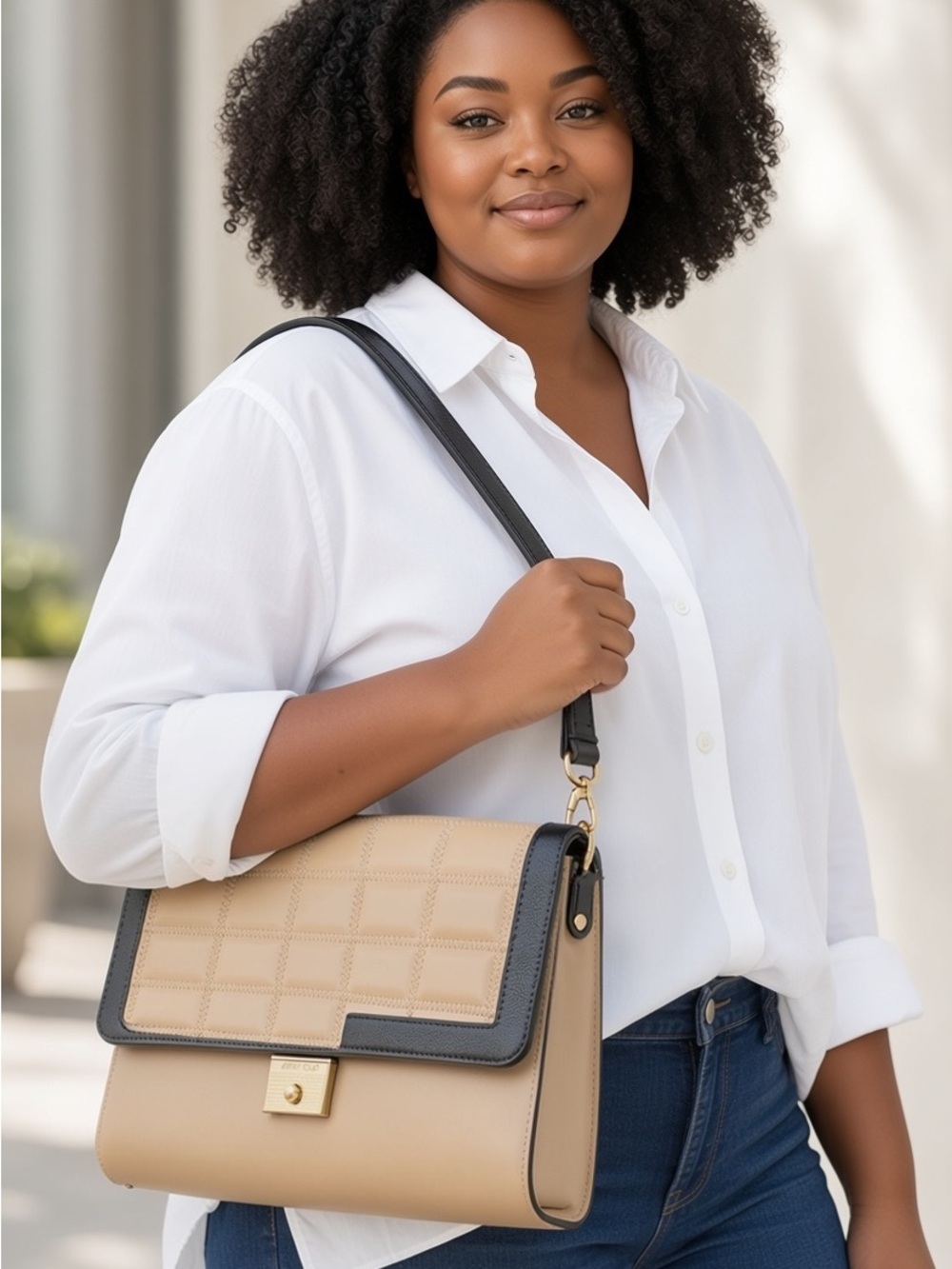 Jimmy Choo Beige and Black Quilted Shoulder Bag (Clutch) with Gold-Tone Hardware - Picture 3 of 10